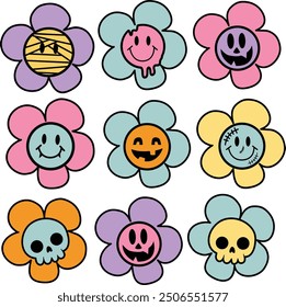 set of halloween Cute Spooky funny cartoon monsters flowers elements hand drawn vector for decorate invitation greeting birthday party celebration card poster banner textiles wallpaper backgrounds