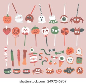 Set of Halloween cute sweet treats candy, cookie, biscuits, cake pops, lollipops illustration and decoration stickers