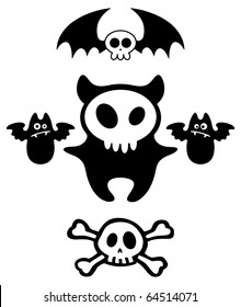 Set of Halloween dark cartoon skull characters. Vector illustration.