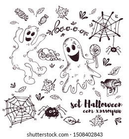 set Halloween dark red outline Ghost web spiders leaves a sweet candy toilet paper on the dice