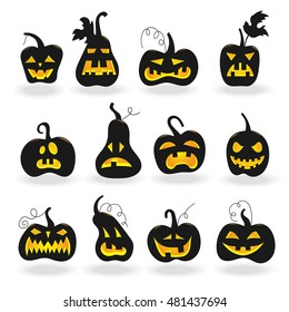 Set for Halloween, the dark silhouettes of pumpkins with glowing eyes white background