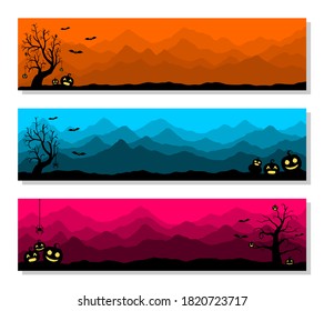 Set von Halloween-Tageshintergrund mit Kopienraum-Text. Fröhlicher Halloween-Hintergrund mit Kürbissymbol oder Kürbisjack auf Laterne, Fledermaus, Baum, Spinne, geeignet für Einladung, Banner, Karte oder Poster.