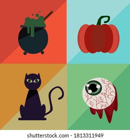 Set of Halloween day have cat ,angry eye, magic pot ,pumpkin on colorful background.vector style,flat design.