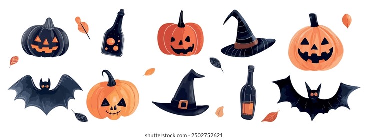 Set of Halloween decor items, design elements, pumpkin, hat, bat, potion.