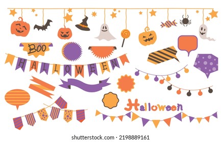 Set of Halloween decoration elements. Garland, flag, tag, speech bubbles, ribbon and sticker. Happy Halloween decoration icons collection. Vector illustration.