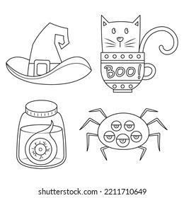 Set of Halloween decoration items including witch hat, black cat in cup, bottle of eyeball, and monster spider. Cute halloween items vector illustration cartoon isolated on white background.