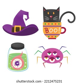 Set of Halloween decoration items including witch hat, black cat in cup, bottle of eyeball, and monster spider. Cute halloween items vector illustration cartoon isolated on white background.