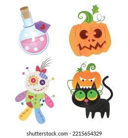 Set of Halloween decoration items vector cartoon isolated on white background. Halloween decoration items including bottle of bone, Jack-o-lantern, voodoo doll, and black cat.