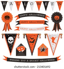 set of halloween decorations with bunting, ribbons, rosettes and pennants, isolated on white