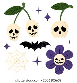 Un conjunto de decoraciones de Halloween. Insignias festivas. Ilustraciones de estilo plano sobre fondo blanco. Decoración de Halloween para tarjetas, cartel, invitación. 