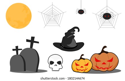 set of halloween decorations, full moon, spider, monster pumpkin, skull, witch hat and grave, vector illustration
