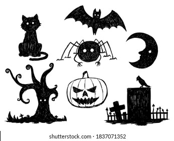 Conjunto de decoraciones de Halloween dibujadas a mano aislado sobre fondo blanco, concepto de Halloween, diseño de vector dibujado a mano