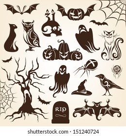 Set of halloween decorative elements. Monochrome version