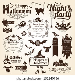 Set of halloween decorative elements. Monochrome version