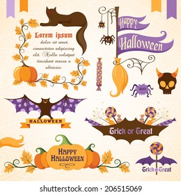 Set of halloween decorative elements, ribbons and banners. Color version