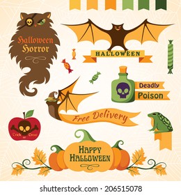 Set of halloween decorative elements, ribbons and banners. Color version
