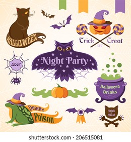 Set of halloween decorative elements, ribbons and banners. Color version