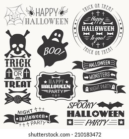 Set of halloween decorative elements. Vector illustration. Monochrome white and black colors version.