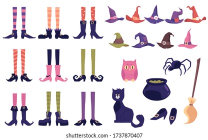 Set of Halloween decorative symbols or icons - witch legs, hats and magical witchcraft tools, flat cartoon vector illustration isolated on white background.