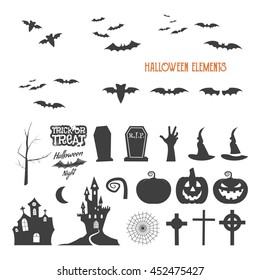 Set of halloween design creation tool kit. Icons isolate. Flat holiday design creator. Party symbols - pumpkin, bat, witches hat, vampire house, lonely tree. Create own scary design, tee, t-shirt.