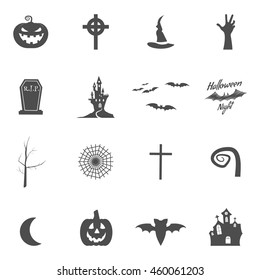 Set of halloween design creation tool kit. Icons isolate. Silhouette holiday design creator. Party symbols - pumpkin, bat, witches hat, vampire house, lonely tree Create own scary design, tee, t-shirt