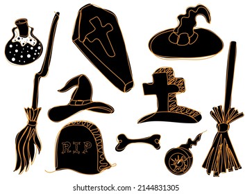 Set Of Halloween Design Elements. Broom, Witch Hat,  Coffin,grave And Others.  Traditional Halloween Symbols. Continuous One Line Drawing Vector Illustration