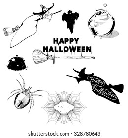 Set of Halloween design elements. Collection of halloween witch, spider, ghost, broom, cauldron, spiderweb. Vintage hand drawn Halloween poster design in engraving style