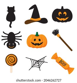 Set of Halloween design elements in funny cartoon style. Prints for seasonal and celebration design and decor. Cat, pumpkin, spider, witch hat and broom, web and candies. Black and orange colors. 