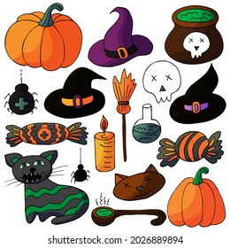 Set of Halloween design elements in hand draw style. Witch supplies, pumpkins, candy. Halloween icons, cartoon style
