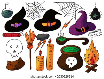 Set of Halloween design elements in hand draw style. Witch accessories. Halloween icons, cartoon style. Sign