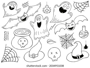 Set of Halloween design elements in hand draw style. Accessories witches, ghosts, bats