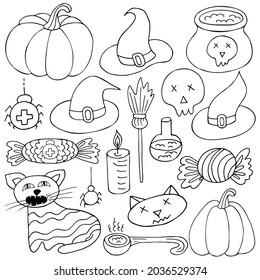 Set of Halloween design elements in hand draw style. Witch supplies, pumpkins, candy. Halloween icons, cartoon style