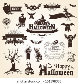 Set of halloween design elements. Monochrome version