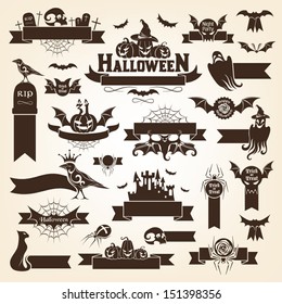 Set of halloween design elements. Monochrome version