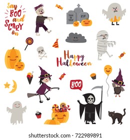 Set of halloween design elements – objects, signs, items, symbols and cartoon characters. Vector illustration.