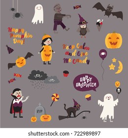 Set of halloween design elements – objects, signs, items, symbols and cartoon characters. Vector illustration.