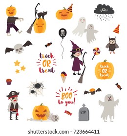 Set of halloween design elements – objects, signs, items, symbols and cartoon characters. Vector illustration.