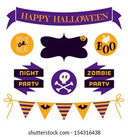 A set of Halloween design elements in purple, yellow and black isolated on white.