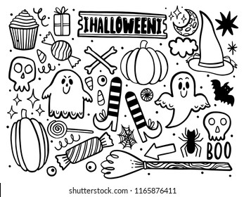Set for Halloween for the design of funny scenery. Isolated on white background. Element black line in white background.Vector illustration.