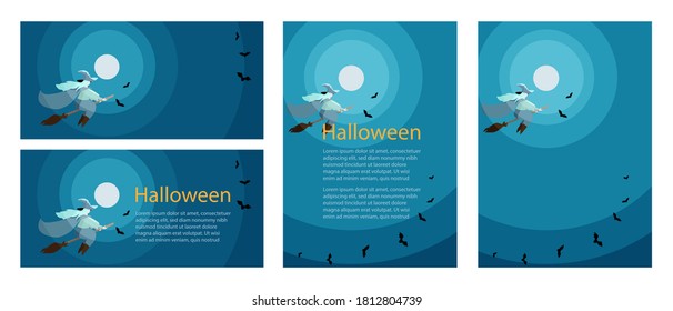 Set of Halloween design templates for banner and poster with a flying witch, full moon and bats in blue and orange colours. With sample text and without text. Cartoon flat style vector illustration.