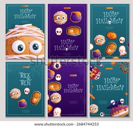 A set of Halloween design templates. Cookies in the form of a mummy, cauldron, ghost, cupcake, cake decorated with bats, eyeballs. "Trick or treat" Isolated vector illustration 