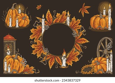 Set of Halloween designs for holiday backgrounds, banners and postcards. Halloween collection with pumkins, lantern, skeleton hand and autumn leaves for decoration dark party or scary autumn festival