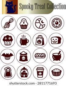 Set of Halloween dessert icons including cupcakes, donuts, witches hat, cauldron, ghost, pretzel, bread, hand and mummy bun
