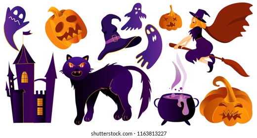 Set of  halloween different elements on a white background.
Vector illustration in modern style.  Trick or Treat Concept.
