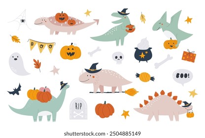 Conjunto de dinosaurios de Halloween y Elementos de vacaciones, iconos, artes de Clip. Ilustraciones vectoriales dibujadas a mano.