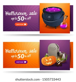 Set Halloween discount banners, up to 50% off. Orange and purple discount horizontal banners for your business