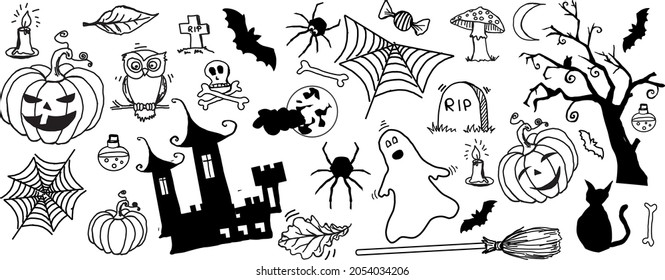 Set of halloween dodle elements on white background with black drawings of ghosts, owls, cats, pumpkins and tombstones. Hand drawn perfect for prints and as a banner.