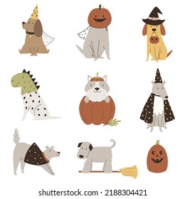 Set of Halloween dogs in mascarade costumes. Animal character designs in a cartoon style.