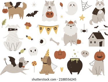Set Halloween dogs in mascarade costumes  cauldron  haunted house  bat  pumpkins  skull  cute ghost