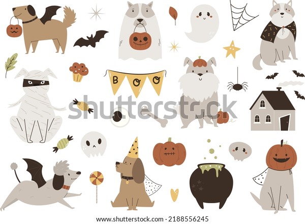 Set of Halloween dogs in\
mascarade costumes, cauldron, haunted house, bat, pumpkins, skull,\
cute ghost